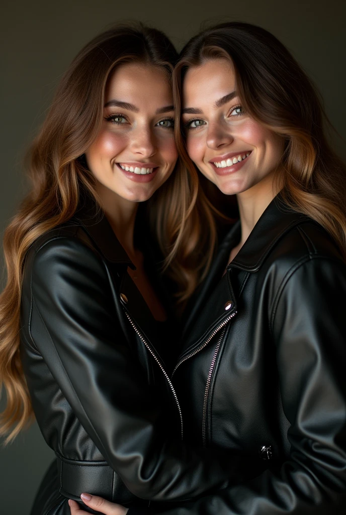masterpiece, Great clothes, (figure), ((2 people, 2 woman; lesbian )), ((good looking Young Couple Kissing and Hugging), (Russian Mill Style), fashion, leather jacket, (Long Hair), (Happy), (White skin), (Bear), good looking, , toast, tendency, dark grey,, close, (Spectacular Background), (Chiaroscuro)), Fine facial details, Facial details, Cinema Lighting, (Depth of written boundary), Ultra-high resolution, (Upper Body), Black background