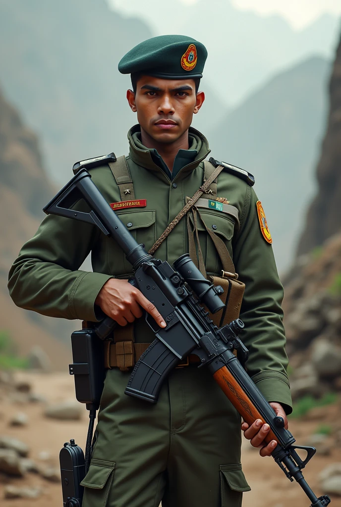 Indian young para military man holding gun