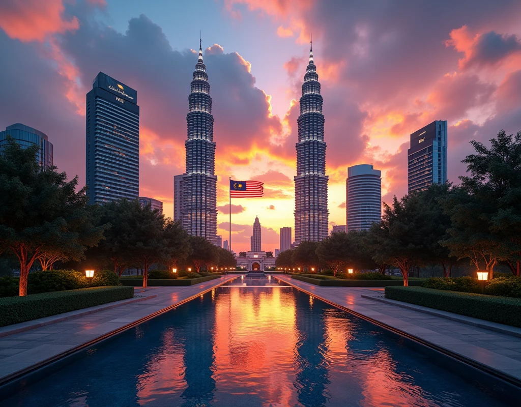 a big malaysia flag,klcc tower,kuala lumpur cityscape,detailed architecture,realistic 3d render,dramatic lighting,dynamic angle,beautiful vibrant colors,cinematic,ultra-detailed,8k,high resolution,photorealistic,detailed clouds,stunning sunset sky,reflecting pool,lush greenery,sharp focus,hdr quality,4k,8k,highres,masterpiece:1.2),ultra-detailed,(realistic,photorealistic,photo-realistic:1.37),city skyline,KLCC towers,Malaysia,timelapse,long exposure photography,dramatic lighting,vibrant colors,glowing skyscrapers,reflections in water,movement blur,cinematic composition,architectural details,modern cityscape