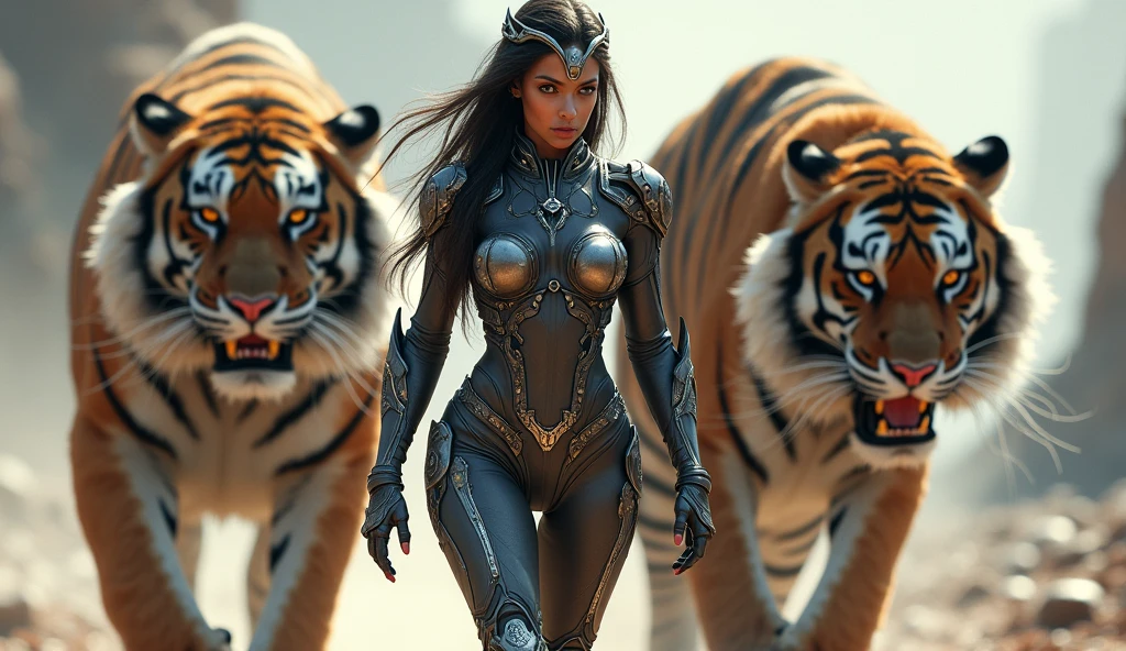 The girl is depicted as a striking and powerful figure with a strong, confident presence. She is dressed in a futuristic, cybernetic outfit that highlights her form. Her outfit is a mixture of armor and sleek design, with red and silver tones that highlight her physique. The outfit includes intricate details such as metallic components and glowing elements, giving her a high-tech, warrior-like appearance. Three Giant Wild Saber-Toothed Tigers
Her long, dark hair flows behind her, and she has a focused, determined expression on her face. The girl also wears a headdress or tiara, which adds to her regal and menacing appearance. She appears to be walking with purpose, and behind her is a large, ferocious-looking tiger, which further emphasizes her powerful and protective nature. The overall scene suggests that she is a guardian or warrior, possibly in a sci-fi or fantasy setting, and the tiger appears to be her companion or protector. Three Giant Wild Saber-Toothed Tigers