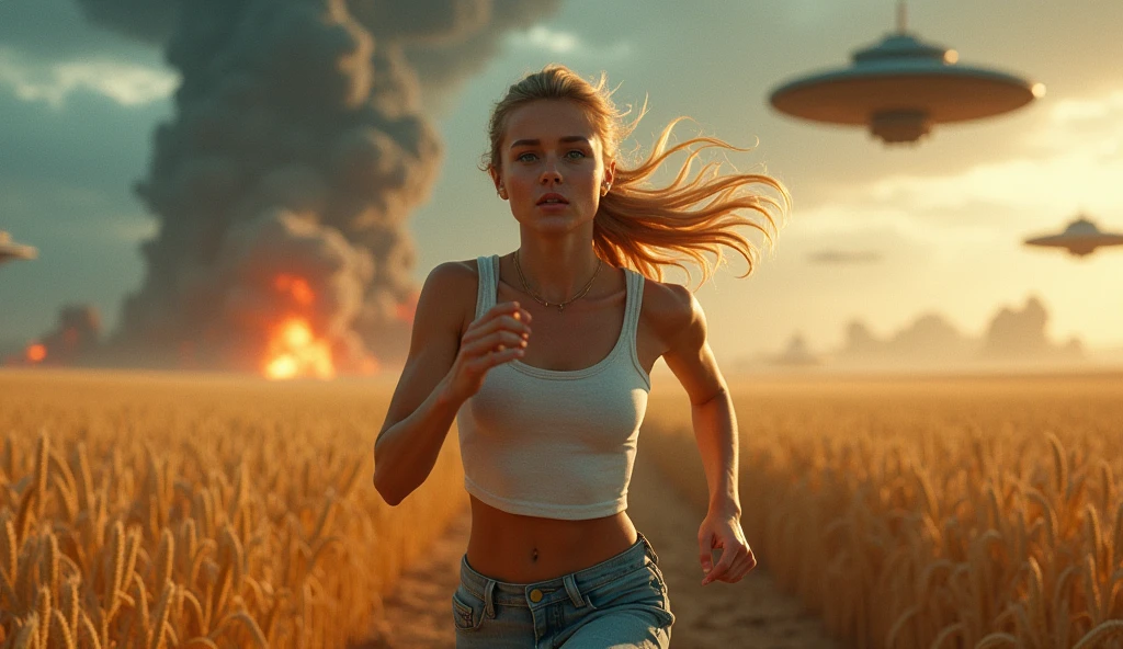 Incomparable masterpiece, ultra-realistic 8k CG, perfect artwork, ((perfect female image)),
woman running towards the viewer, alien ships on the sky, wheat field, blue sky,1girl, blonde hair, blue eyes, ponytail, farm girl, full lips, long hair. full body, scared face, no background blur, explosions everywhere