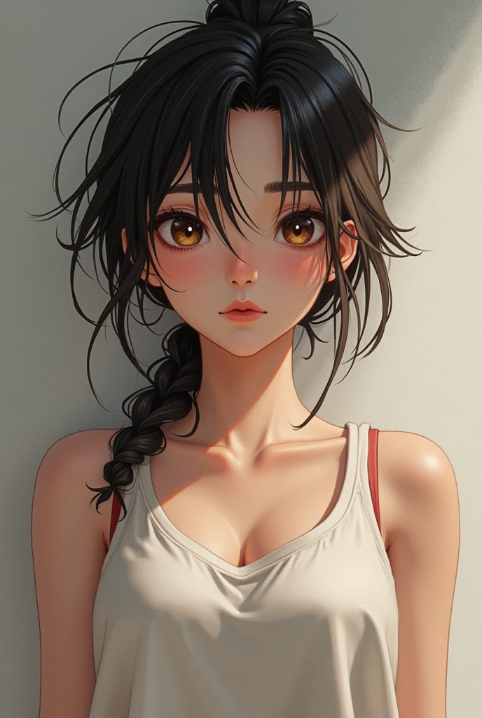 ((best quality, 8k, masterpiece :1.3)), I am only a translate agent :1.3, (messy hair :1.2), oversized tank top :1.2, The face is very detailed, Detailed Eyes, double eyelids, Armpit