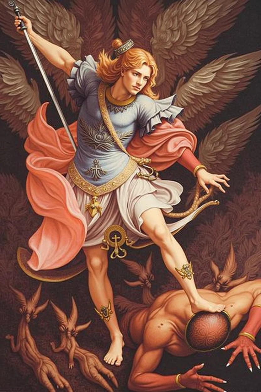 Saint Michael the Archangel is typically depicted as a powerful and majestic figure, embodying divine strength and justice. He is shown as a tall, muscular man with a commanding presence, symbolizing his role as the leader of the heavenly armies. His facial features are sharp and well-defined, often with high cheekbones, a strong jawline, and a noble, serious expression that conveys both authority and righteousness.
Saint Michael's eyes are usually intense and piercing, often depicted in a deep blue or gold, reflecting his celestial nature and unwavering focus on his divine mission. His hair is typically long, flowing, and golden or light brown, sometimes depicted as slightly wavy, adding to his regal and otherworldly appearance.
He is almost always shown wearing armor, symbolizing his role as a warrior. The armor is typically ornate, with intricate designs and a shining metallic finish, usually in silver or gold. He is often depicted holding a large, gleaming sword, which he uses to defeat the forces of evil, and sometimes a shield with a cross or other holy symbols. In many images, Saint Michael is shown standing triumphantly over a defeated demon or dragon, representing his victory over Satan. His wings are large, strong, and usually white or golden, spread wide as he stands or prepares to take flight, symbolizing his angelic nature and divine protection.