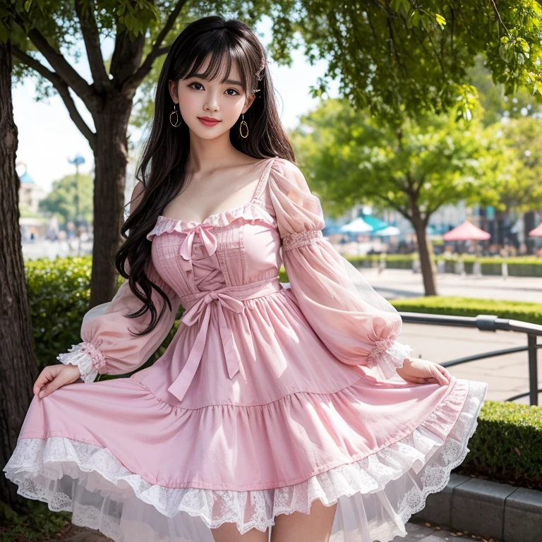Bow at the back of the waist, Skirt length to calf, cupcake dress, Layered skirt with lace on each layer, Wear a LOLITA dress, layered dress, Pink lolita skirt, lots of lace, Long sleeve, Wide sleeves, Big skirt, layered lace skirt, Puff sleeves, Wide sleeves, Transparent sleeves, intricate details showcase the ruffles and intricate designs of the Lolita dress, Wearing a lolita dress, in the amusement park, at disneyland, best quality, Delicate face，beautiful visual work, lifelike, eternity, black hair, Long curly hair, blunt bangs, Smile, Detailed Background, Delicate face，blush，cold，((masterpiece))、(top quality)、8k、high detail、Super detailed，41-year-old female， masterpiece、born、Scenes resembling fairy tale illustrations、intricate details和複雜的設計、Beautifully、magic、capricious、 Beautifully、Dream aesthetics、「𝓡𝓸𝓶𝓪𝓷𝓽𝓲𝓬、ethereal、charming、fickle、magic」、realism、Visual effects、FXAA、SSAO、Shader、voiceless、ambient lighting、Tone mapping、High resolution、Ultra high quality、Million pixels、(8K resolution:1.10)、8k、8k以下、8K resolution、high detail、intricate details， (high quality:1.2、masterpiece:1.2、:1.21)、(41-year-old female:1.21)、(興奮地Smile)、(Surrounded by a dreamy atmosphere、Model diagram，full-body shot，Normal 2 feet，Put your hands behind you，The protrusion of the breast is visible when wearing clothes, Large Breasts, H cup chest, pink clothes, Don&#39;t show your fingers, full-body shot， full-body shot，full-body shot，full-body shot，full-body shot，full-body shot，full-body shot，full-body shot，hands hidden in clothes, hands hidden in clothes,hands hidden in clothes,hands hidden in clothes,hands hidden in clothes,hands hidden in clothes,hands hidden in clothes,hands hidden in clothes,hands hidden in clothes, ,hands hidden in sleeves ,hands hidden in sleeves ,hands hidden in sleeves ,hands hidden in sleeves ,hands hidden in sleeves ,hands hidden in sleeves ,hands hidden in sleeves ,hands hidden in sleeves, arms behind back, arms behind back, side view, side angle, Each layer of the cake skirt has lace