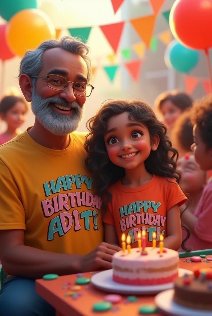 A girl birthday party who's name write on her t-shirt (Aditi) and her father in the party who's name vinod his name write in his t-shirt. Or inki t-shirt par klinka nam bhi likha hai girl ka Vinod or father ka aditi.
