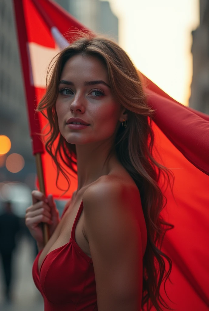 best quality, masterpiece, Ultra-high resolution, Super beautiful face, Pure body, Clearly visible pores, (Smile:0.8), (realism:1.5), original photo,, Low profile, Cold Light，Suit，22-year-old Swiss woman，City background，Holding a national flag