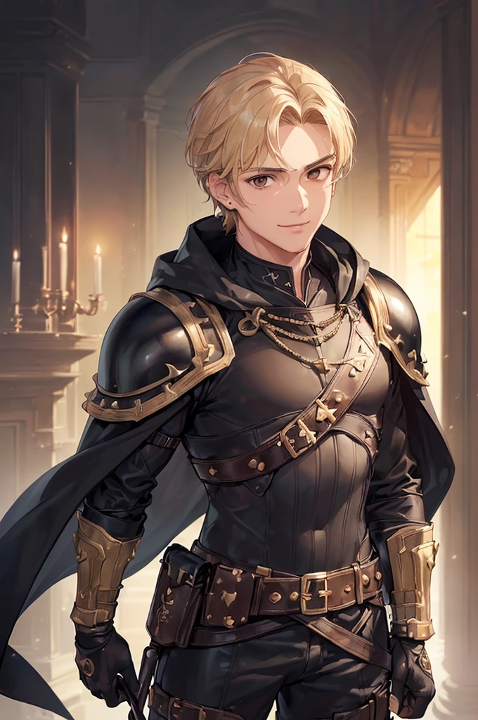(((masterpiece; best quality: 1.2))), (detailed eyes: 1.3), ((1 young man)), ((solo)), (brown eyes: 1.4), (body shape; lean, masculine, manly face: 1.3), (short blond hair: 1.3), (clear background: 1.2), ((depth of field)), (equipment: masculine adventurer garb + hard-leather armor + black tunic + black cape +black stud earring: 1.3), (anime illustration: 1.2), (background composition; fantasy tavern interior + furniture: 1.1), (handsome: 1.1), (shot composition; standing + centered on face + bust close-up: 1.5), (facial expression; calm + smile: 1.2)