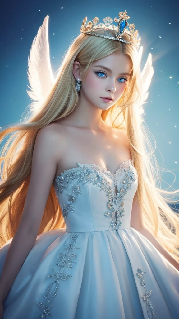 blue eyes, crown、Long Hair, Blonde, Illustration, Angel Halo, silhouette,