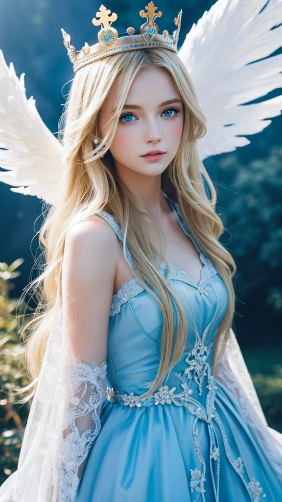 blue eyes, crown、Long Hair, Blonde, Illustration, Angel Halo, silhouette,