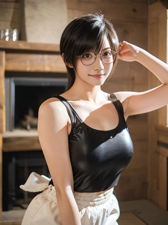 20 year old Japanese beauty,One person、Muscular body like a bodybuilder、Emphasize the breasts、Slit eyes、A head-to-toe view,Bust is very very large、The background is a medieval European kitchen、High quality photos、Clear, crisp images of the lower body、Masterpiece 8k、Ecstatic face、Wearing Japan armor、making stew in a fireplace、Wearing glasses、Yuffie Kisaragi from FF7、