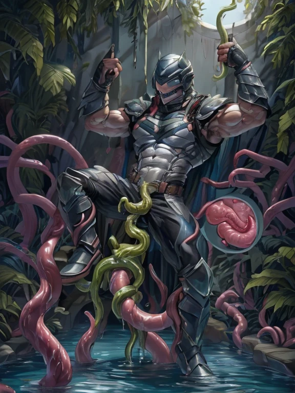 Superhero, hero, strong and robust male, Armor, Tentacle entanglement, uniform, Binding hands togethe, Foreign object invasion, monster breeding, wet, slime, tentacles, slimy tentacles, monster and human breeding, Tentacles wrapped around the body, Insert tentacles into the body, Blocked mouth by tentacles, Both hands are bound, The reproductive organs are covered in tentacles, The chest was torn apart by tentacles, Tentacles penetrate deep into clothes, Wearing pants completely, Complete wearing of trousers, Do not expose the reproductive organs, Do not touch the lower body, The sexual organs do not become erect
