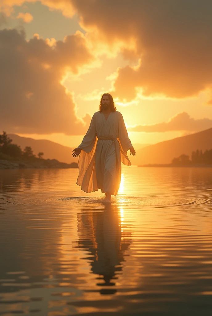 Jesus walking on the water at sunset 
