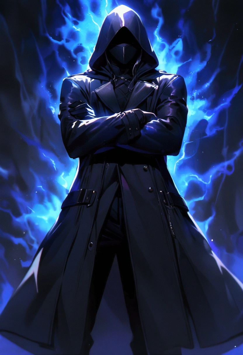boy, wearing a black overcoat, black gloves, shoes black, face covered with a black hood, dark blue electric aura, crossed arms, imposing presence