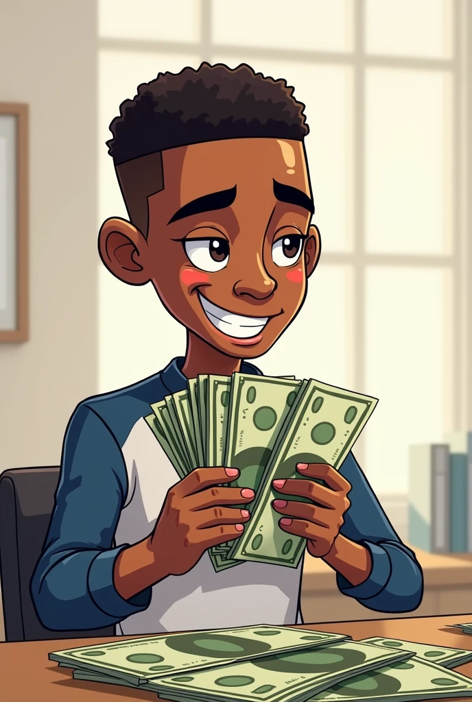 Cartoon version of Footballer Mbappe counting money 