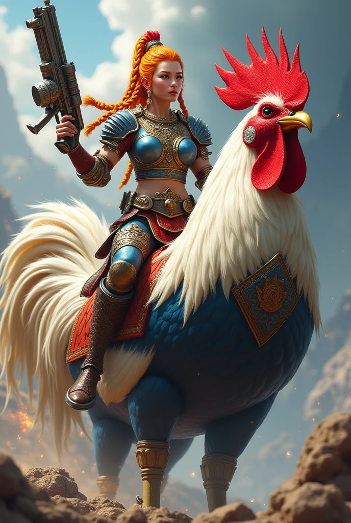 A Thai female warrior with orange braids, wearing blue, red and silver armor, holding an ancient gun, riding a large white, red and gold rooster.