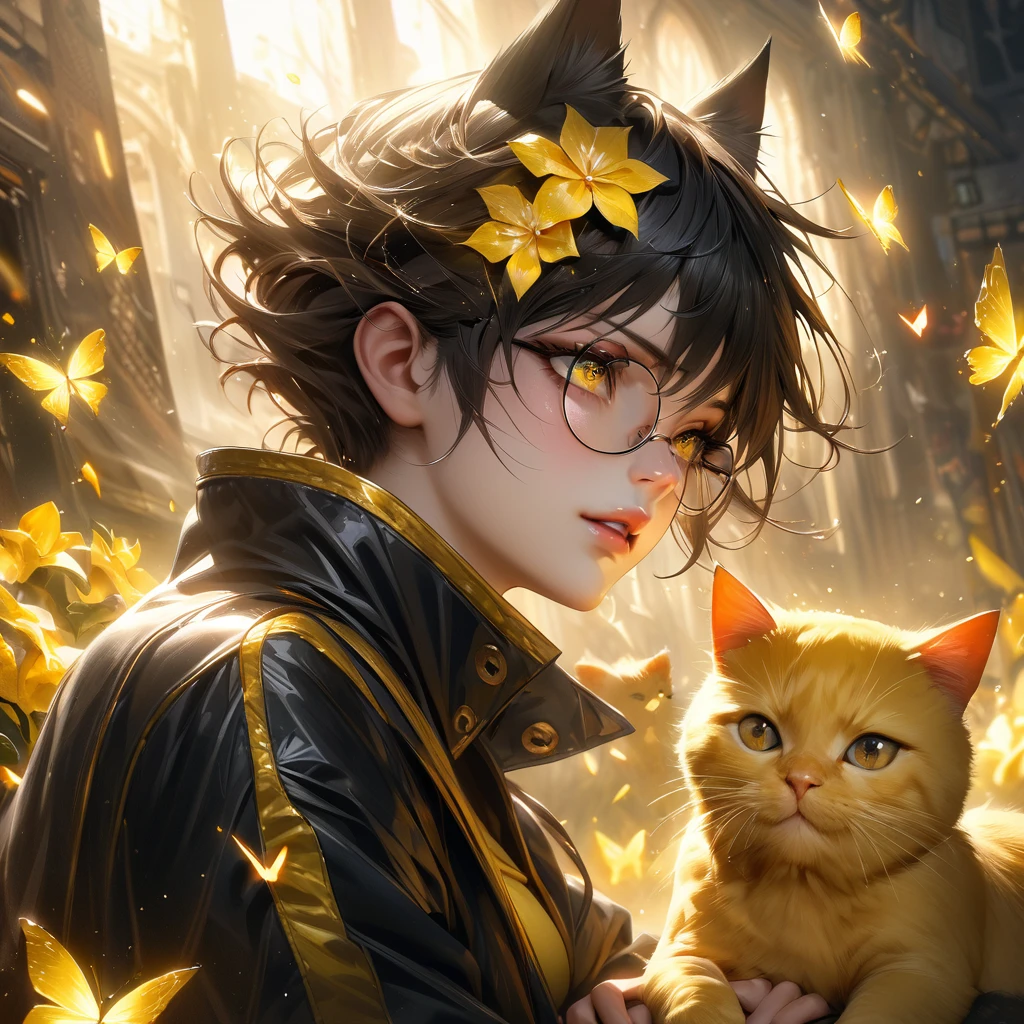 Extremely detailed, high resolution, absurd, HDR, masterpiece, Fushiguro Megumi, Expressive yellow eyes, Jiu Jitsu Kaiba, Black long coat, yellow Ice flowers, petal, Very beautiful, Sexy girl, Solitary, Extremely detailed eyes and face, yellow Ice, yellow Ice sparkling butterflies, yellow T-shirt, Realistic face, sparkling, sparkling eyes, yellow cat, long with black to yellow highlights hair,black to yellow Hair, wear round glasses, A pair of cat ears on the head