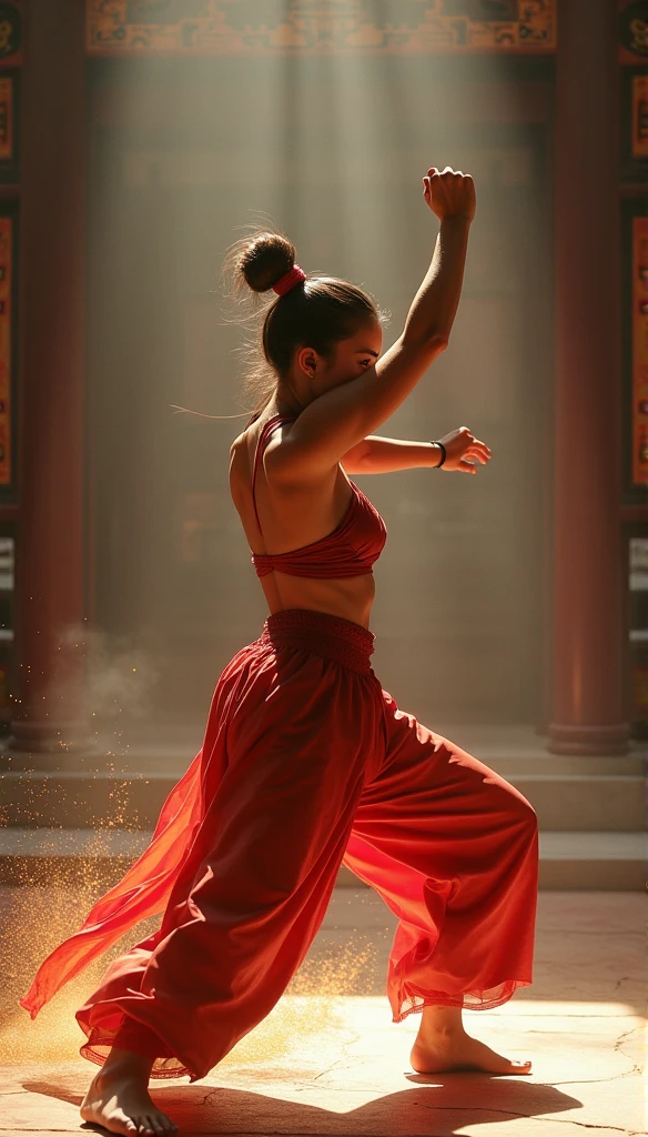 Realistic busty 35yo woman,Karateka,shaolin temple,ultimate form,8k,erotic obscene Performance Special move,buttle aura