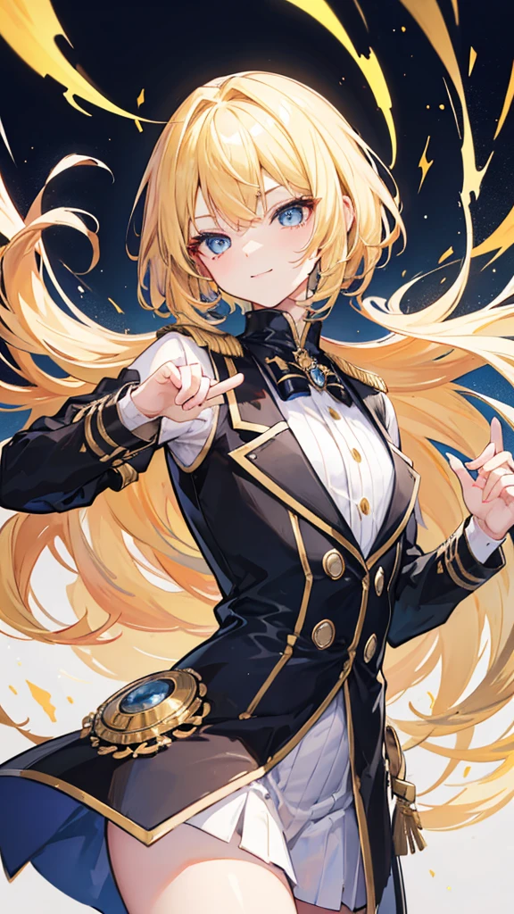 An anime-style character with short, somewhat messy blonde hair, slightly curved at the tips around the face, and bangs covering part of the forehead. The character has large, bright blue eyes with a sharp and confident gaze. The facial expression is a slightly mischievous or challenging smile with cheeks that are subtly flushed. The attire consists of a black uniform adorned with golden lines and includes luxurious-looking fur around the collar, giving an elegant and rich appearance. The character is also wearing a black tie under a white collar. Additionally, the character is pointing with their index finger at a small black circular object resembling an energy ball near their left shoulder, suggesting a hint of power or magical ability