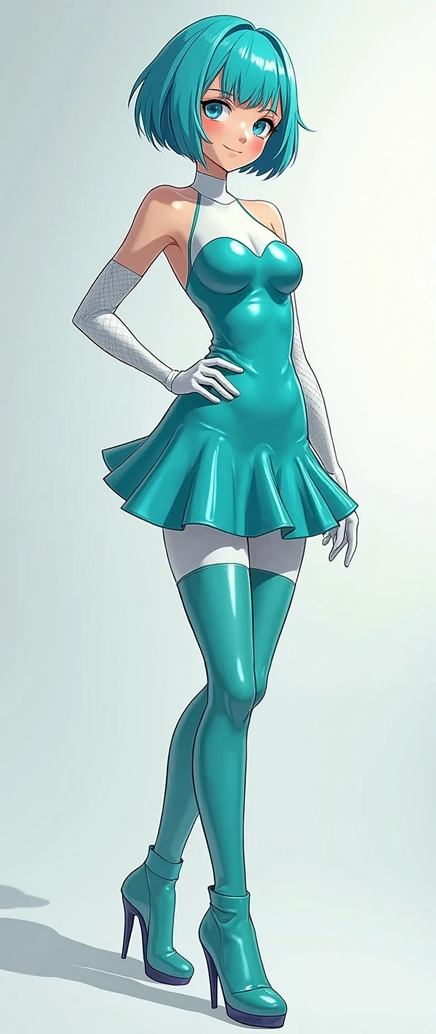 (1girl,solo),(nico),turquoise short hair,blue eyes,spandex clothes, (turquoise costume), super hero suit,tight_skirt,white gloves,white neck,mesh sleeves,Mesh pantyhose,smile,knee boots,shiny clothes,full body,ultra-detailed,sharp focus,aesthetic,(best quality)