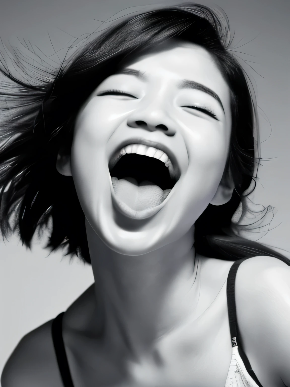 photorealistic, 1girl, , big breast, japanese, black short hair, golden eyes, cute, white crop top shirt, midriff, navel, detailed , cute, funny, (pop art), ((laughing hard, happy)), detailed background
