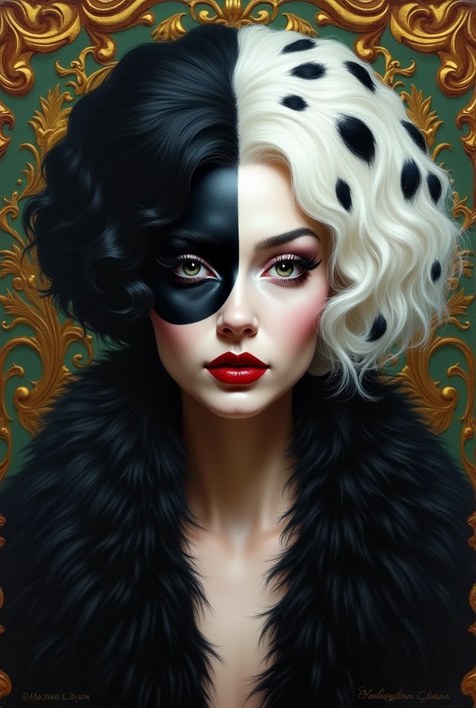 artwork, best quality, Extremely detailed, Surrealism, Reality, Baroque art, Rubens style, Beautiful model Cruella de Vil (Cruella de Vil) Half black, half white, Black spotted fur of a 1920s British Dalmatian