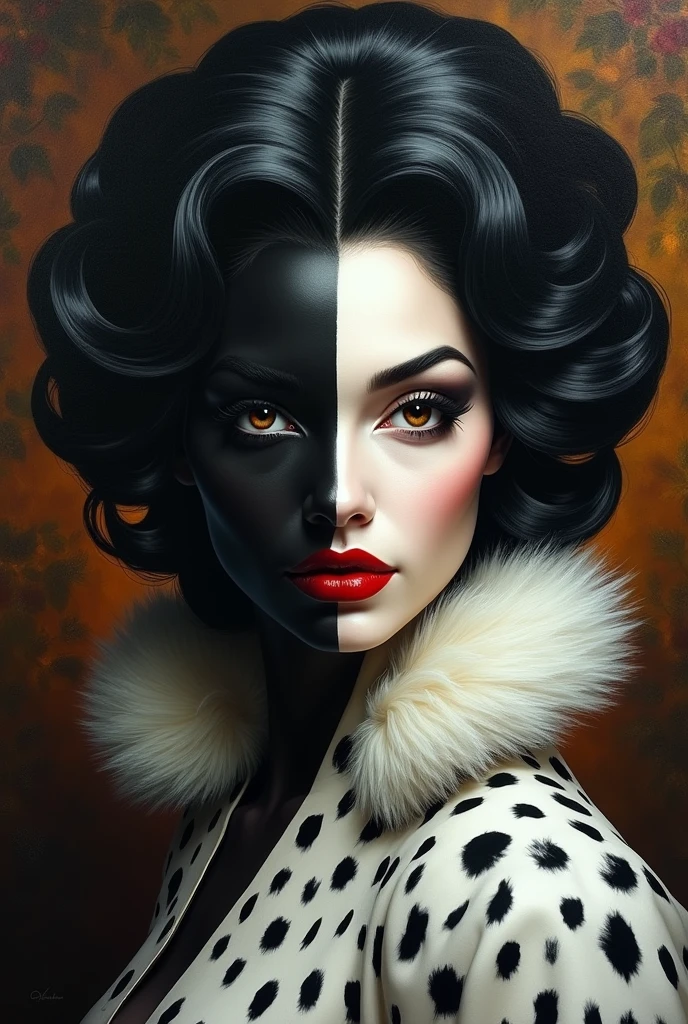 artwork, best quality, Extremely detailed, Surrealism, Reality, Baroque art, Rubens style, Beautiful model Cruella de Vil (Cruella de Vil) Half black, half white, Black spotted fur of a 1920s British Dalmatian