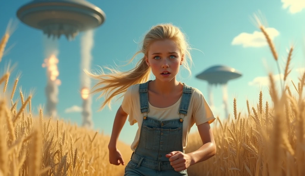 Incomparable masterpiece, ultra-realistic 8k CG, perfect artwork, ((perfect female image)),
woman running towards the viewer, alien ships on the sky, wheat field, blue sky,1girl, blonde hair, blue eyes, ponytail, farm girl, full lips, long hair. full body, scared and tired face, no background blur, explosions everywhere