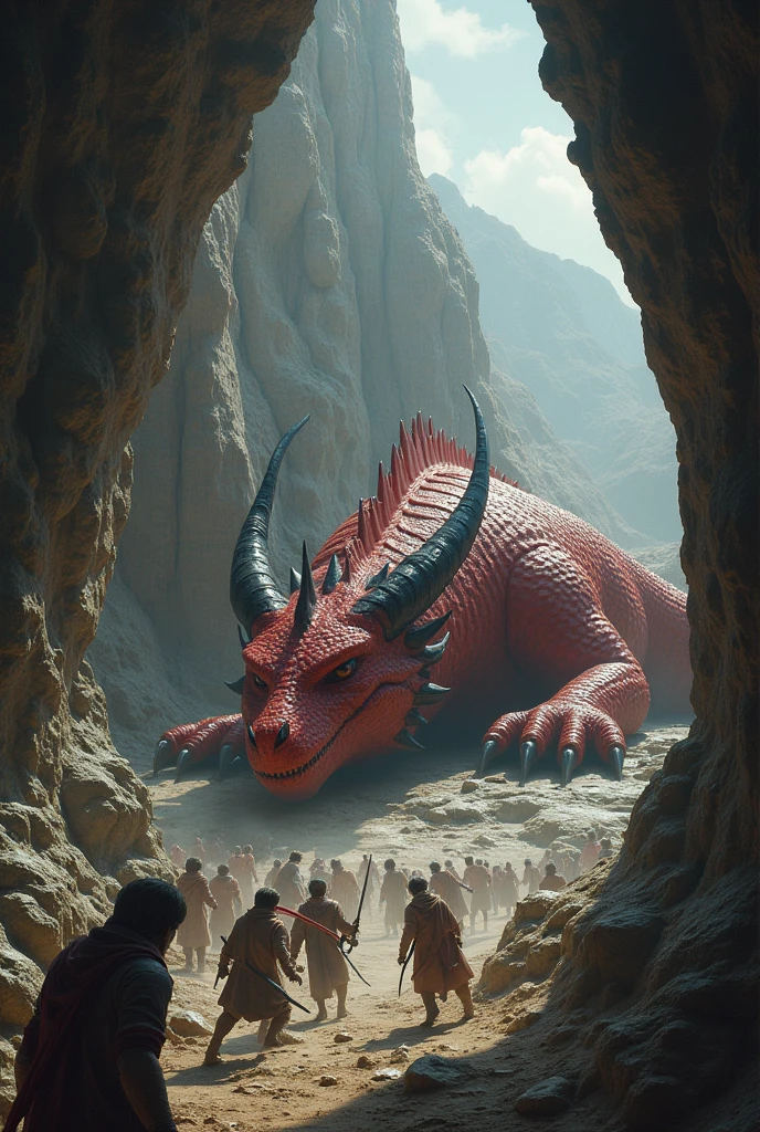 a red black dragon is deep sleep in the cave, while bunch of lizards Wear casual suit are fighting war each other outshide the cave, the dragon just ignore, very realistic image
