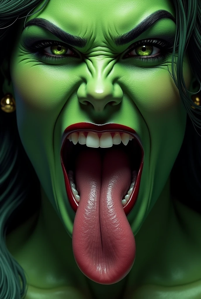 ((best quality)), ((masterpiece)) She Hulk opens her mouth wide showing you her uvula and super thick slimy and very meaty Tongue with a sensual expression on her face