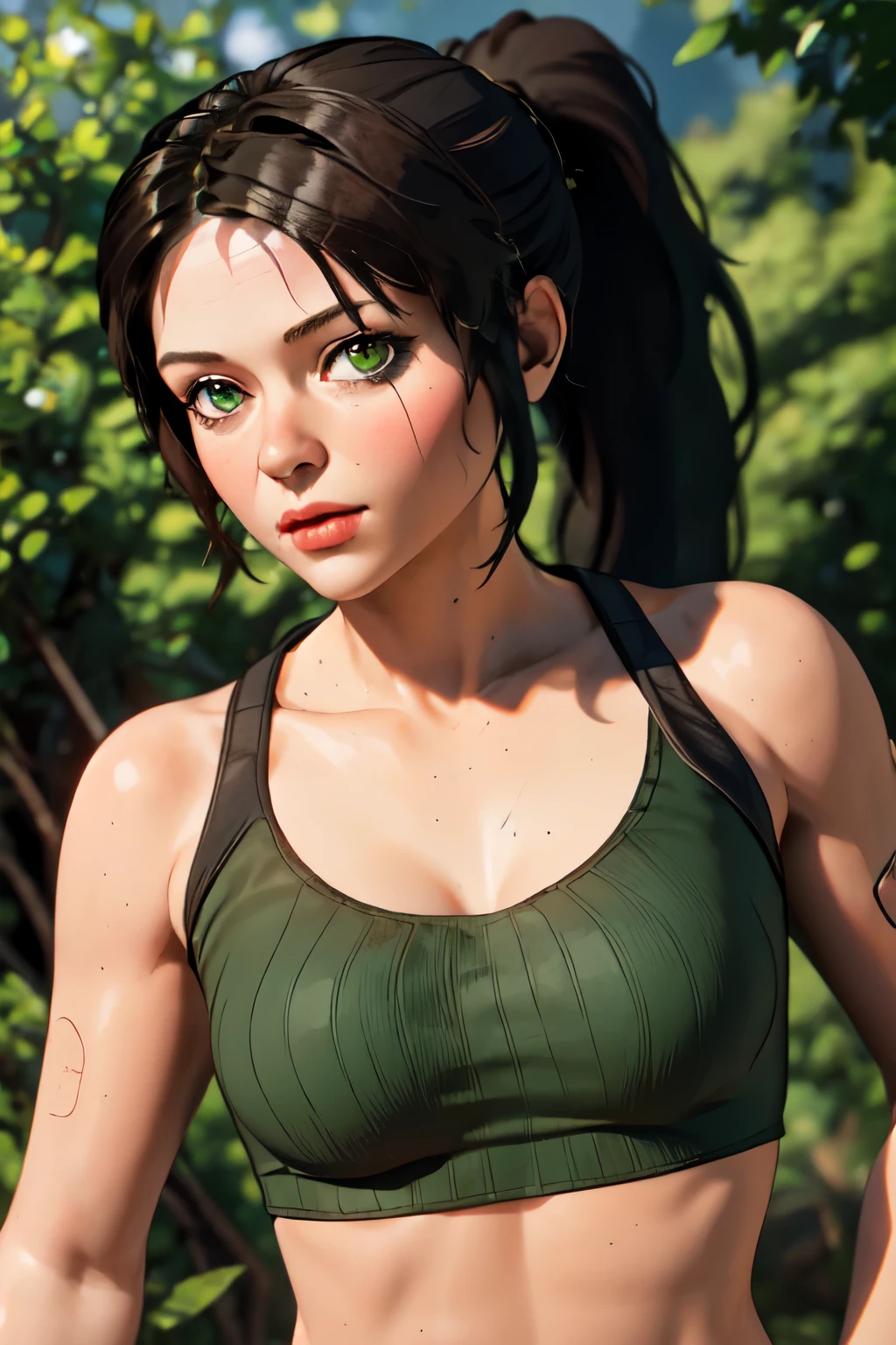 1 girl, Lara Croft, body healed, micro shorts marrom, green short top, eyes browns, ponytail hair, at a forest, super detaill, high resolution, 8k, Overview, gazing at viewer, (face detailed)
