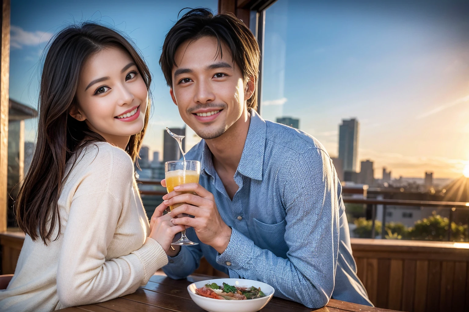 ((Highest quality、8k、masterpiece:1.3))、Izakaya、Japanese sake、Slim Couple、Model Couple、(Realistic, Intricate details:1.2), Japanese sake、One liter bottle、Japanese food、Buckwheat、Japanese sake、Shochu 、Amazing view of the sunset sky and clouds、A bright smile、The wonderfulness of smiles、Bright image、Beautiful Face, blue eyes, The light shines on your face, blush, short hair,Bright Face、 (Age 37), 39 years old, Brown Hair、Shortcuts、Long sleeve shirt、dress、Beautiful woman
