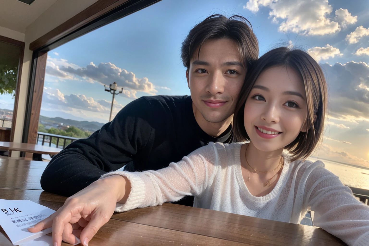 ((Highest quality、8k、masterpiece:1.3))、Izakaya、Japanese sake、Slim Couple、Model Couple、(Realistic, Intricate details:1.2), Japanese sake、One liter bottle、Japanese food、Buckwheat、Japanese sake、Shochu 、Amazing view of the sunset sky and clouds、A bright smile、The wonderfulness of smiles、Bright image、Beautiful Face, blue eyes, The light shines on your face, blush, short hair,Bright Face、 (Age 37), 39 years old, Brown Hair、Shortcuts、Long sleeve shirt、dress、Beautiful woman