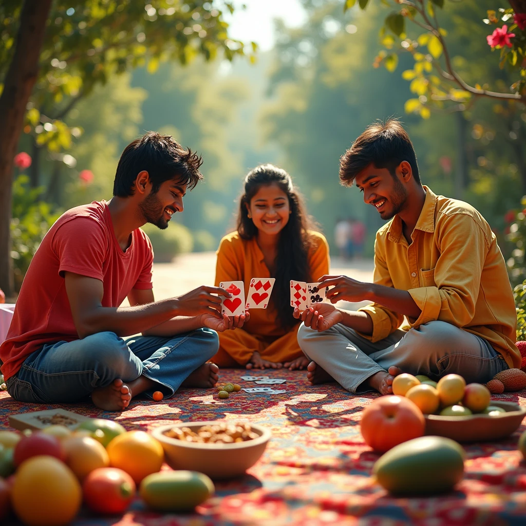 poster,Cover Design,Three Indian youngsters, two men and one woman, are playing cards outdoors.,Looking at the audience,carpet,fruit,food,Flowers,Trees,High-impact shots,Joyful smiles,photography,Photograph,