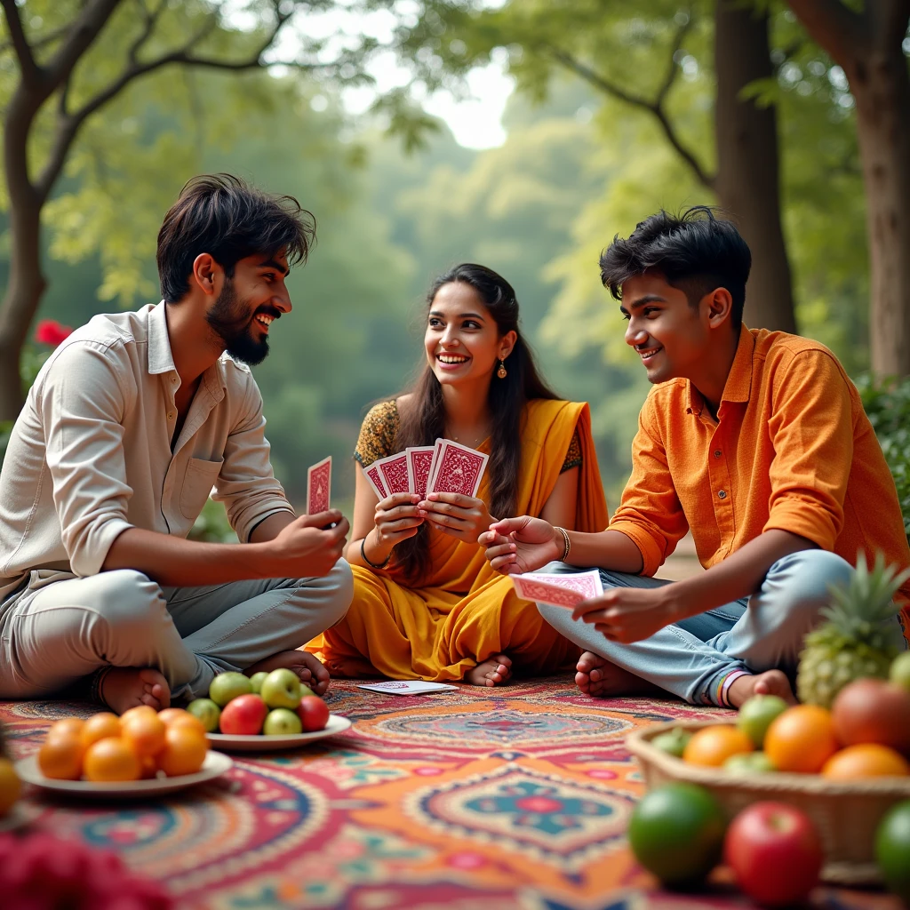 poster,Cover Design,Three Indian youngsters, two men and one woman, are playing cards outdoors.,Looking at the audience,carpet,fruit,food,Flowers,Trees,High-impact shots,Joyful smiles,photography,Photograph,