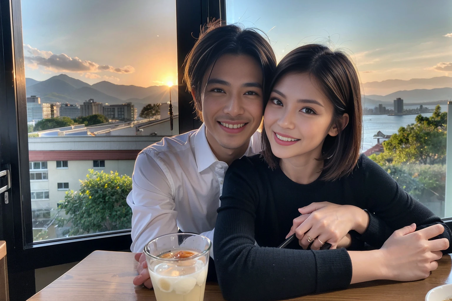 ((Highest quality、8k、masterpiece:1.3))、Izakaya、Japanese sake、Slim Couple、Model Couple、(Realistic, Intricate details:1.2), Japanese sake、One liter bottle、Japanese food、Buckwheat、Japanese sake、Shochu 、Amazing view of the sunset sky and clouds、A bright smile、The wonderfulness of smiles、Bright image、Beautiful Face, blue eyes, The light shines on your face, blush, short hair,Bright Face、 (Age 37), 39 years old, Brown Hair、Shortcuts、Long sleeve shirt、dress、Beautiful woman