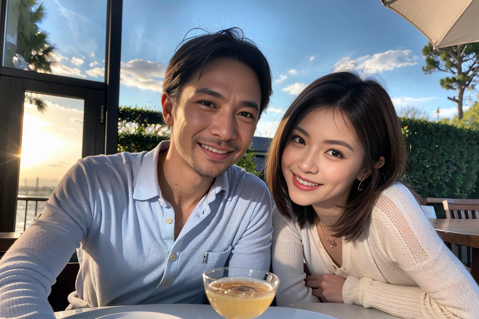 ((Highest quality、8k、masterpiece:1.3))、Izakaya、Japanese sake、Slim Couple、Model Couple、(Realistic, Intricate details:1.2), Japanese sake、One liter bottle、Japanese food、Buckwheat、Japanese sake、Shochu 、Amazing view of the sunset sky and clouds、A bright smile、The wonderfulness of smiles、Bright image、Beautiful Face, blue eyes, The light shines on your face, blush, short hair,Bright Face、 (Age 37), 39 years old, Brown Hair、Shortcuts、Long sleeve shirt、dress、Beautiful woman