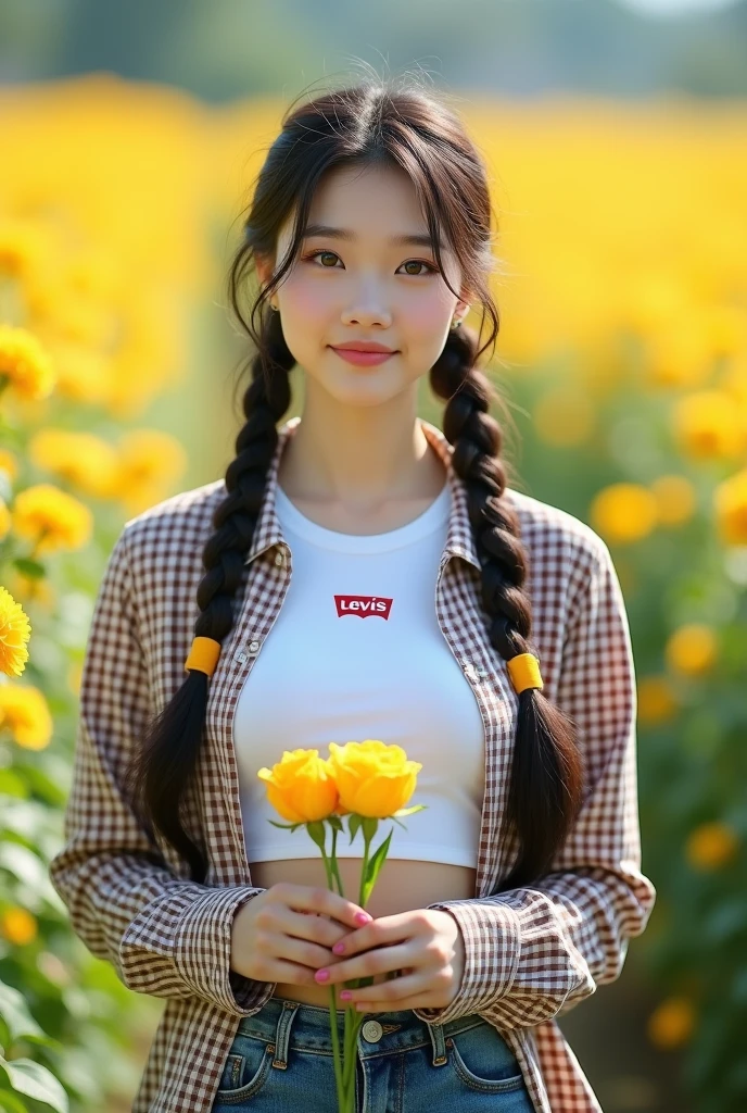 1 girl, Korean with beautiful skin, well-groomed face, flowers, roses, solo, outdoor, field, white short t-shirt, long checkered shirt, Santi logo, holding, braided hair, flower field, Levis pants, realistic, brown hair , smiling, brown eyes, black hair, long, twintails, looking towards the viewer, standing, yellow flowers