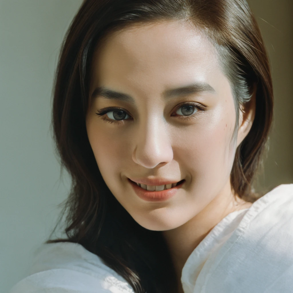 1girl, upper body, Realistic photograph best quality portrait of a beautiful gorgeous young cute Asian woman, 21yo., looking something, detailed face, Realistic texture human skin, very beauty long and slender bright glowing face, curved eyebrows, droopy hooded eyes, wavy nose, full wide lips, bright smiling, ponytail, studio portrait, (((young Marion Cotillard blended face mixed with young Anne Hathaway))), wearing loosed oversized white shirt, flirting smiling portrayal, ethereal girl, intimate lighting sturdy, real photo, brown eyes, zoomed, best quality, masterpiece, Leica SL3, Summicron-SL 75mm ASPH, F/1.8, (cinematic still:1.2), Film Never Die Kiro 400 film, bokeh, rim lighting, silhouette, shallowed depth of field,