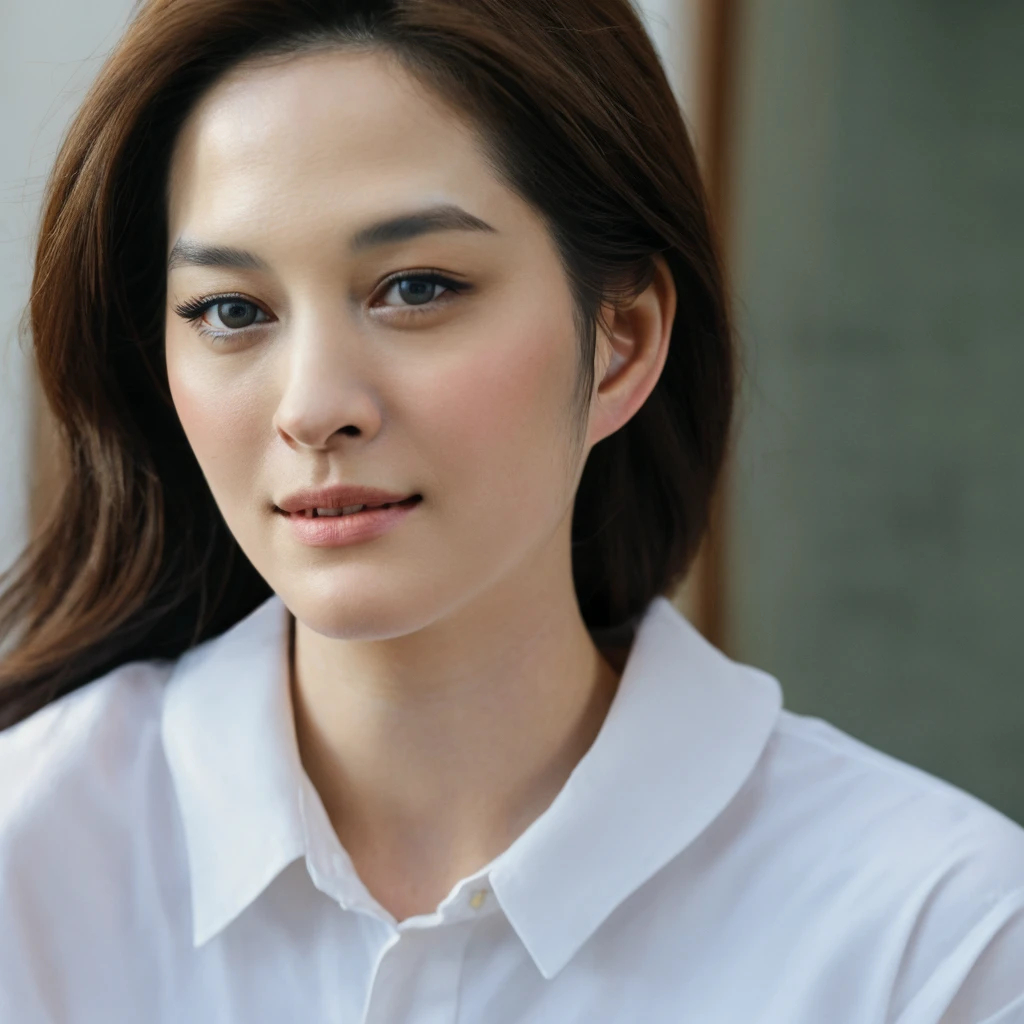 1girl, upper body, Realistic photograph best quality portrait of a beautiful gorgeous young cute Asian woman, 21yo., looking something, detailed face, Realistic texture human skin, very beauty long and slender bright glowing face, curved eyebrows, droopy hooded eyes, wavy nose, full wide lips, bright smiling, ponytail, studio portrait, (((young Marion Cotillard blended face mixed with young Anne Hathaway))), wearing loosed oversized white shirt, flirting smiling portrayal, ethereal girl, intimate lighting sturdy, real photo, brown eyes, zoomed, best quality, masterpiece, Leica SL3, Summicron-SL 75mm ASPH, F/1.8, (cinematic still:1.2), Film Never Die Kiro 400 film, bokeh, rim lighting, silhouette, shallowed depth of field,