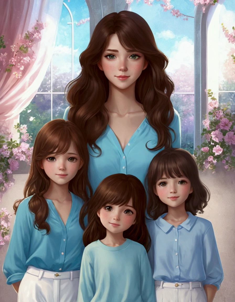 anime girl with three girls in blue shirts and white pants, perfect android girl family, in the art style of bowater, motherly, digital anime illustration, inspired by Lilia Alvarado, epic tale of the twin sisters, digital ilustration, mother, family portrait, beautiful digital illustration, exquisite digital illustration, kawaii realistic portrait, high quality portrait, digital cartoon painting art