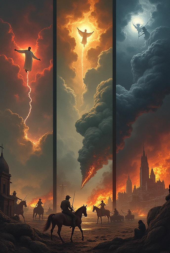 The image is divided into six sections, each representing one of the "prophetic weeks" mentioned in the Scriptures. Each section has its own tone and aesthetics that emphasizes the apocalyptic nature of these events.
In the first section, a darkened and menacing sky is seen, with blood-red clouds. In the center is an imposing figure, possibly representing God or a supernatural force, with arms outstretched in a gesture of warning or judgment.
The second section shows a chaotic battlefield, with soldiers and tanks engaged in violent combat. Explosions, smoke and fire fill the landscape, creating a sense of destruction and conflict.
In the third section, a ruined city is seen, with buildings collapsed and ablaze. Desperate human figures run among the rubble, seeking refuge or caught in the devastation.
The fourth section presents a disturbing image of riders mounted on horses of various colors, symbolizing the plagues and judgments described in the prophecies. These riders seem to advance relentlessly, leaving devastation in their wake.
The fifth section shows a sky darkened by black and menacing clouds, with lightning and thunder illuminating the firmament. In the center of the image, an imposing figure is glimpsed, perhaps a representation of the Antichrist or demonic forces.
The sixth and final section presents a scene of judgment and desolation. Kneeling figures, with faces full of terror, they are before a celestial or divine presence that seems to judge them. The background is immersed in an apocalyptic landscape of fire and destruction.