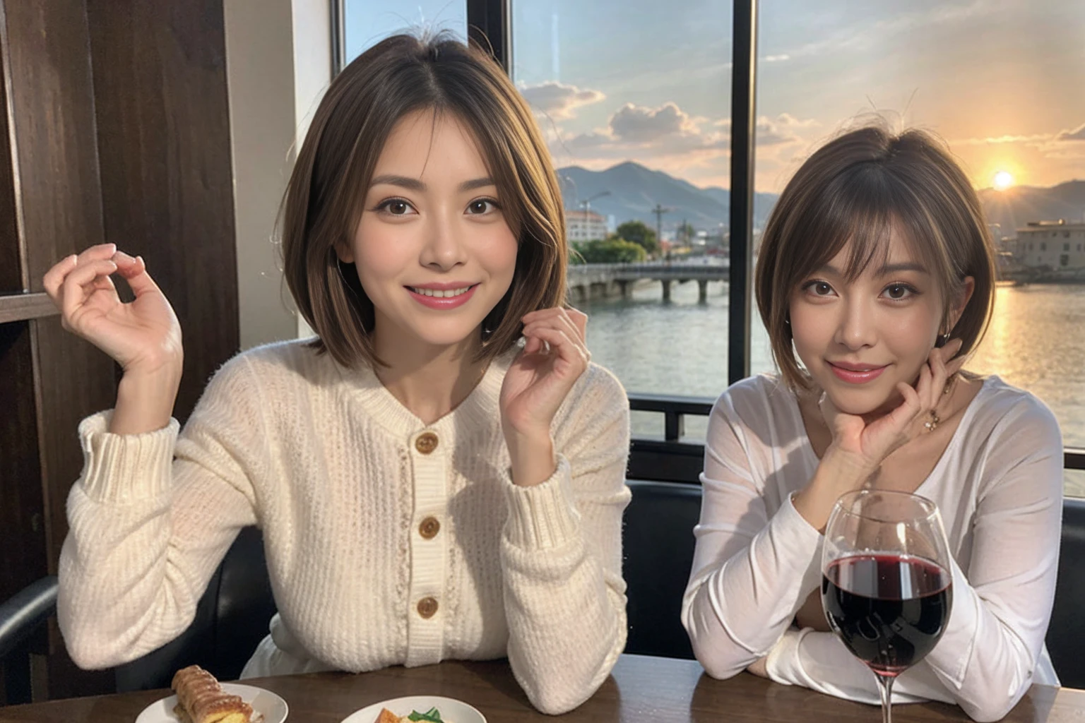 （Realistic:1.1）,(masterpiece,Highest quality)，8k,(49 years old), 53 years old, ベリーslimボディ、slimカップル、Tight waist,Upper Body,full-course dinner、wine 、Amazing view of the sunset sky and clouds、Perfect Anatomy, Brown Hair, short hair,Random Hairstyles,((Highly detailed face and eyes:1.2))，Perfect golden ratio face，Long sleeve shirt、dress,(smile:1.2)、Shortcuts、cute、(Realistic, Intricate details:1.2), A bright smile、short hair,Bright Face、赤wine 、Appetizers、Italian food、wine bottle、Champagne、スパークリングwine、(slimな顔), (The body is slim), (Brown Hair), (Shortcuts),  Upper Body, 白wine, slim, wineグラス, 