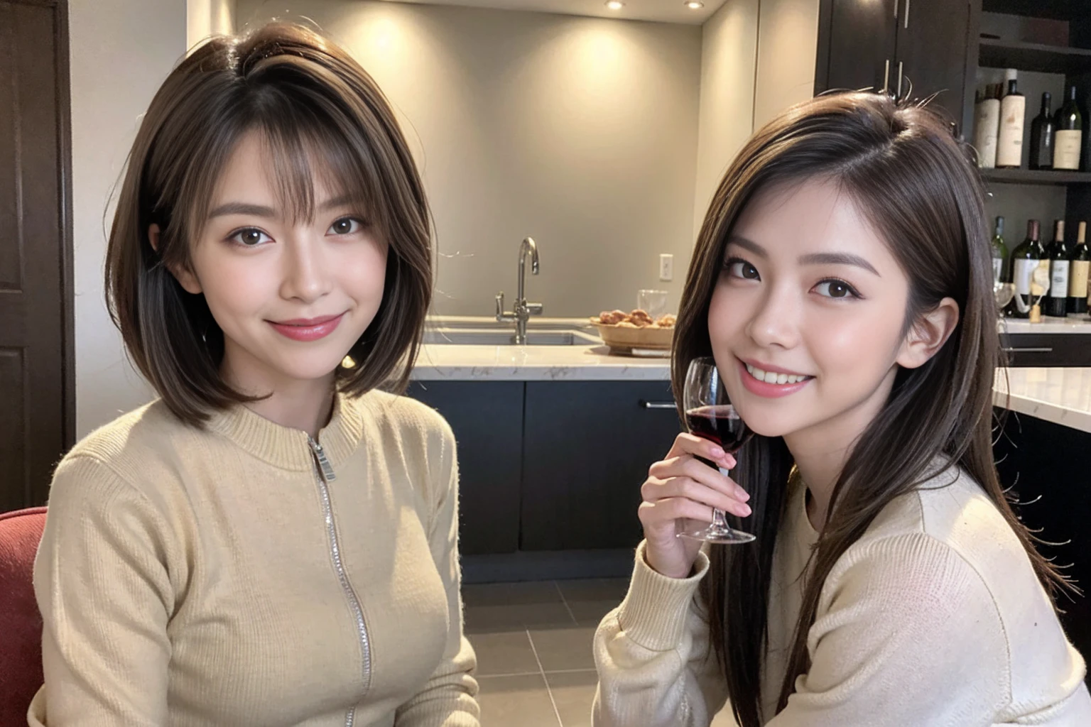 (Realistic:1.1),(masterpiece,Highest quality),8k,(49 years old), 53 years old, ベリーslimボディ、slimカップル、Tight waist,Upper Body,full-course dinner、wine 、Amazing view of the sunset sky and clouds、Perfect Anatomy, Brown Hair, short hair,Random Hairstyles,((Highly detailed face and eyes:1.2)),Perfect golden ratio face,Long sleeve shirt、dress,(smile:1.2)、Shortcuts、cute、(Realistic, Intricate details:1.2), A bright smile、short hair,Bright Face、赤wine 、Appetizers、Italian food、wine bottle、Champagne、スパークリングwine、(slimな顔), (The body is slim), (Brown Hair), (Shortcuts), Upper Body, 白wine, slim, wineグラス,
