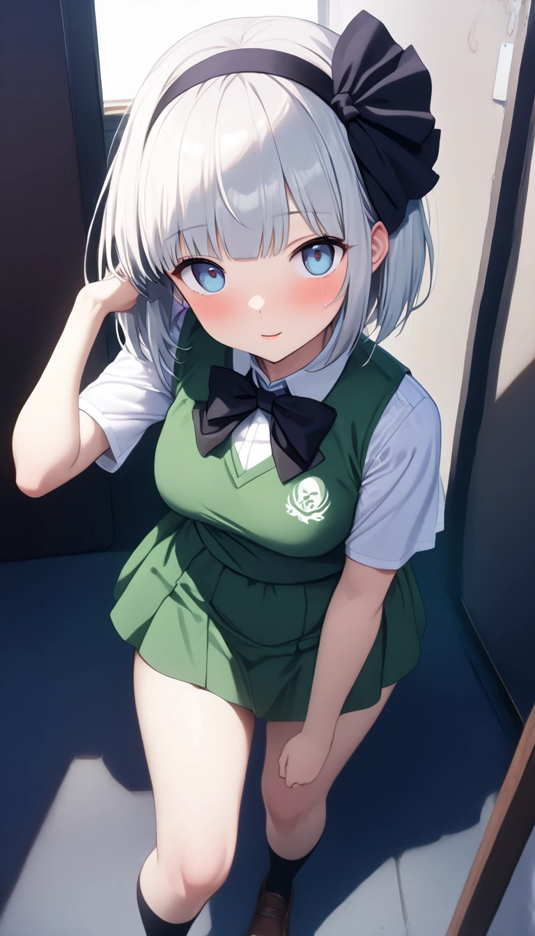 Long shot,ground shot, ground shot,glowing skin, high quality, masterpiece,beautiful girl, konpaku youmu, 1girl, white hair, short hair, blunt bangs, blue eyes
hairband, hair ribbon, black ribbon, black bowtie, white shirt, collared shirt, green vest, green skirt, socks, not wearing underwear,unique, (very beautiful face,wink,blushing face),young,break,(sexy pose:1.3),top-down bottom-up, lift up the skirt, panties on her back,break,shopping street in the daytime,(surrounded by a crowd, (surprised and noticed by many people))