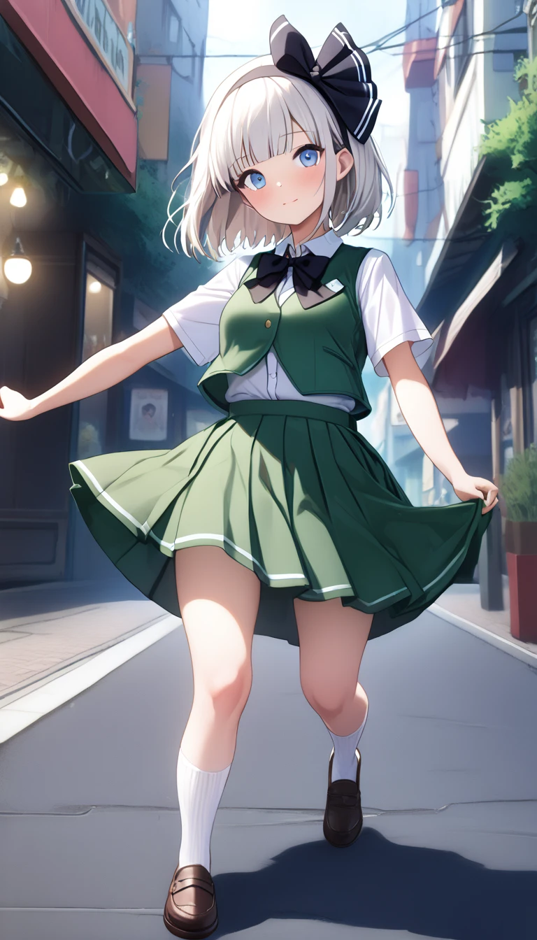 Long shot,ground shot, ground shot,glowing skin, high quality, masterpiece,beautiful girl, konpaku youmu, 1girl, white hair, short hair, blunt bangs, blue eyes
hairband, hair ribbon, black ribbon, black bowtie, white shirt, collared shirt, green vest, green skirt, socks, not wearing underwear,unique, (very beautiful face,wink,blushing face),young,break,(sexy pose:1.3),top-down bottom-up, lift up the skirt, panties on her back,break,shopping street in the daytime,(surrounded by a crowd, (surprised and noticed by many people))