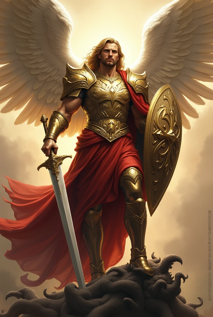 Saint Michael the Archangel is typically depicted as a powerful and majestic figure, embodying divine strength and justice. He is shown as a tall, muscular man with a commanding presence, symbolizing his role as the leader of the heavenly armies. His facial features are sharp and well-defined, often with high cheekbones, a strong jawline, and a noble, serious expression that conveys both authority and righteousness.
Saint Michael's eyes are usually intense and piercing, often depicted in a deep blue or gold, reflecting his celestial nature and unwavering focus on his divine mission. His hair is typically long, flowing, and golden or light brown, sometimes depicted as slightly wavy, adding to his regal and otherworldly appearance.
He is almost always shown wearing armor, symbolizing his role as a warrior. The armor is typically ornate, with intricate designs and a shining metallic finish, usually in silver or gold. He is often depicted holding a large, gleaming sword, which he uses to defeat the forces of evil, and sometimes a shield with a cross or other holy symbols. In many images, Saint Michael is shown standing triumphantly over a defeated demon or dragon, representing his victory over Satan. His wings are large, strong, and usually white or golden, spread wide as he stands or prepares to take flight, symbolizing his angelic nature and divine protection.