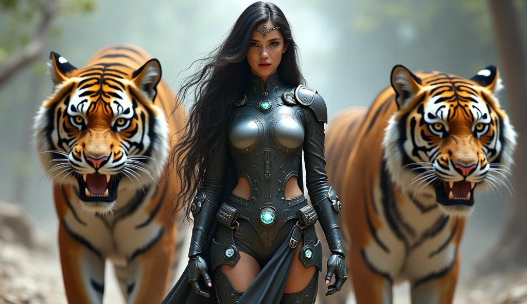 The girl is depicted as a striking and powerful figure with a strong, confident presence. She is dressed in a futuristic, cybernetic outfit that highlights her form. Her outfit is a mixture of armor and sleek design, with red and silver tones that highlight her physique. The outfit includes intricate details such as metallic components and glowing elements, giving her a high-tech, warrior-like appearance. Three Giant Wild Saber-Toothed Tigers
Her long, dark hair flows behind her, and she has a focused, determined expression on her face. The girl also wears a headdress or tiara, which adds to her regal and menacing appearance. She appears to be walking with purpose, and behind her is a large, ferocious-looking tiger, which further emphasizes her powerful and protective nature. The overall scene suggests that she is a guardian or warrior, possibly in a sci-fi or fantasy setting, and the tiger appears to be her companion or protector. Three Giant Wild Saber-Toothed Tigers