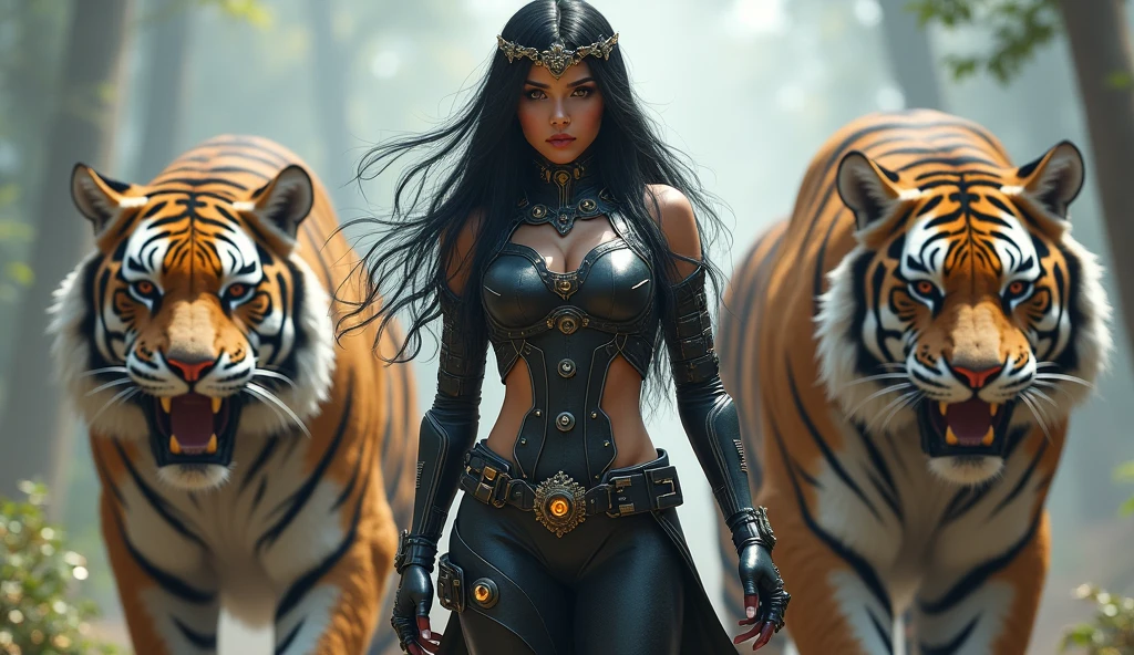 The girl is depicted as a striking and powerful figure with a strong, confident presence. She is dressed in a futuristic, cybernetic outfit that highlights her form. Her outfit is a mixture of armor and sleek design, with red and silver tones that highlight her physique. The outfit includes intricate details such as metallic components and glowing elements, giving her a high-tech, warrior-like appearance. Three Giant Wild Saber-Toothed Tigers
Her long, dark hair flows behind her, and she has a focused, determined expression on her face. The girl also wears a headdress or tiara, which adds to her regal and menacing appearance. She appears to be walking with purpose, and behind her is a large, ferocious-looking tiger, which further emphasizes her powerful and protective nature. The overall scene suggests that she is a guardian or warrior, possibly in a sci-fi or fantasy setting, and the tiger appears to be her companion or protector. Three Giant Wild Saber-Toothed Tigers