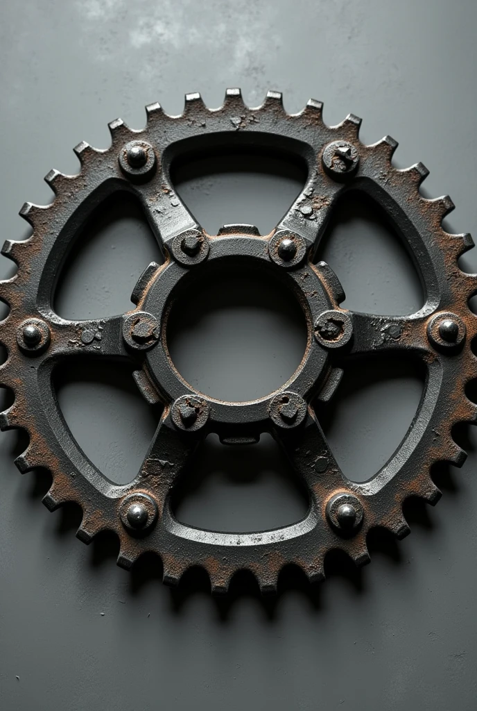 Black motorcycle sprocket with signs of wear and tear and some broken parts 