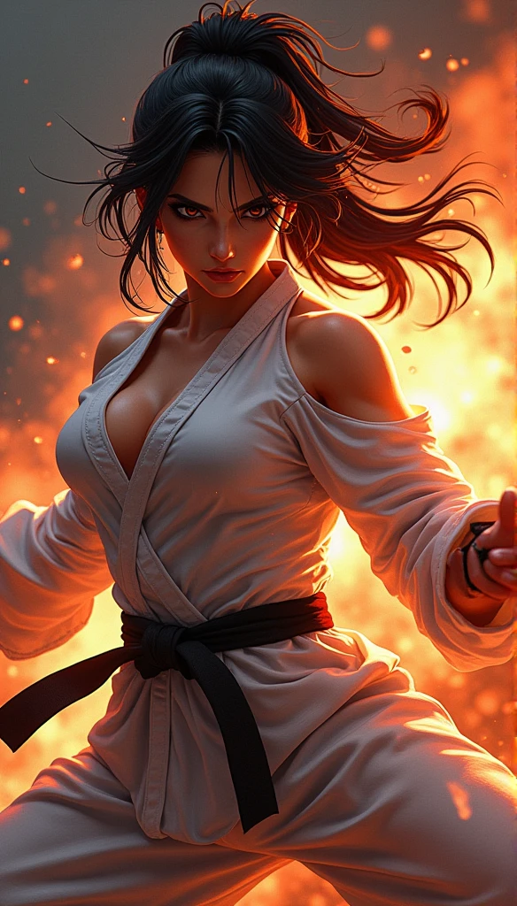 Realistic busty woman,Karateka,hokuto no ken,ultimate form,8k,Performance,battle aura